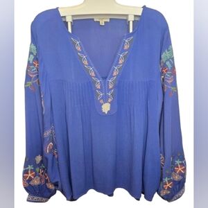 Easel Cornflower Blue Boho Embroidered Blouse With Dolman Sleeves